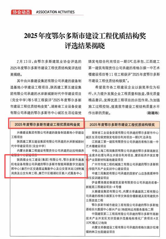 喜报!陕煤建设内蒙古分公司双项目获评鄂尔多斯市优质结构金奖