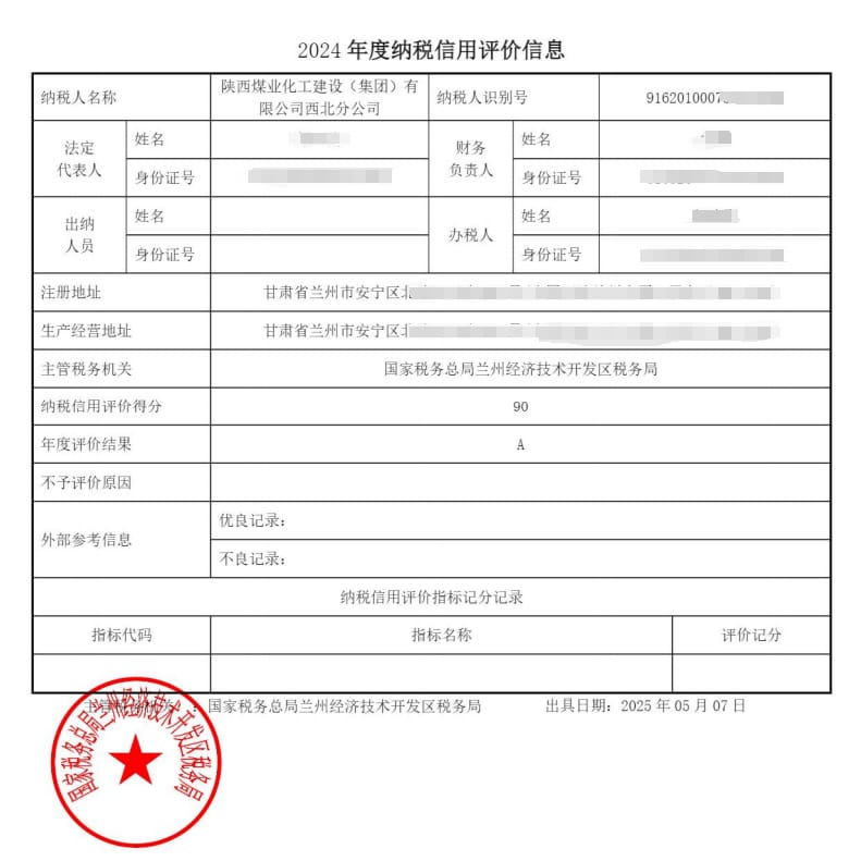 陕煤建设西北分公司荣获2024年度纳税评级A级彰显诚信纳税风范​