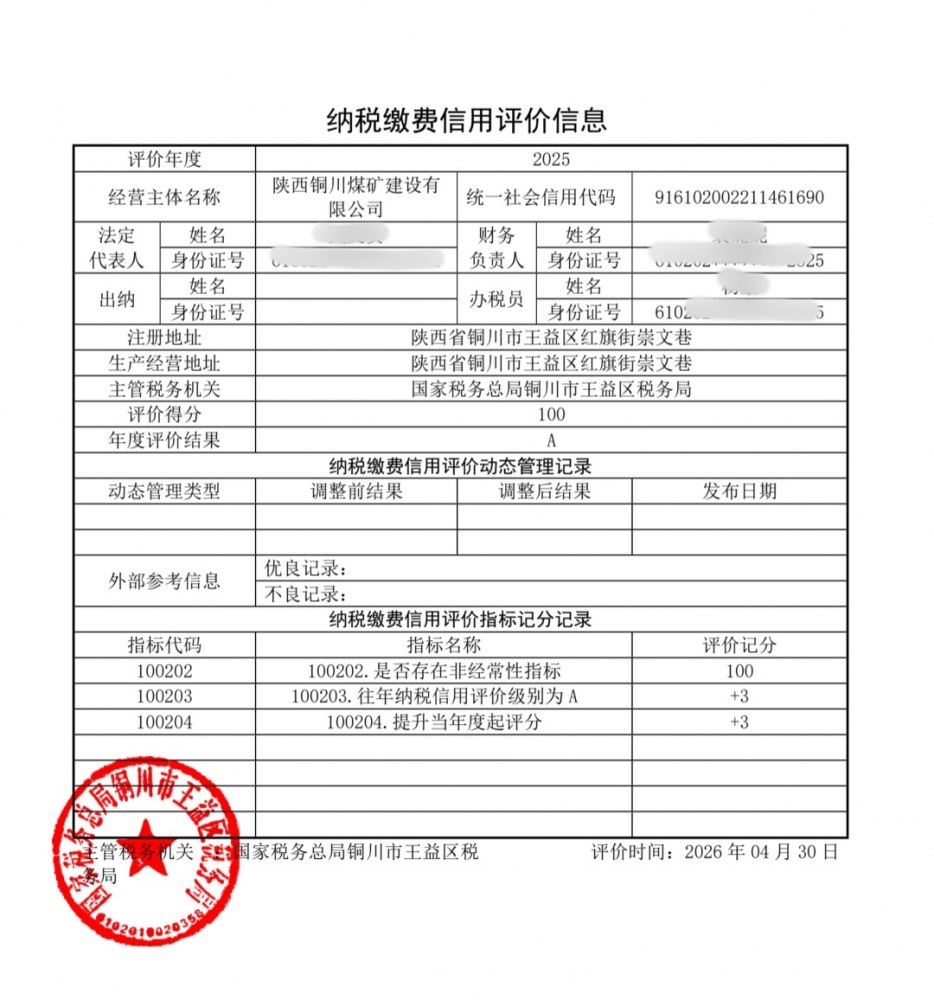 陕煤建设铜煤公司连续四年获评纳税信用A级企业