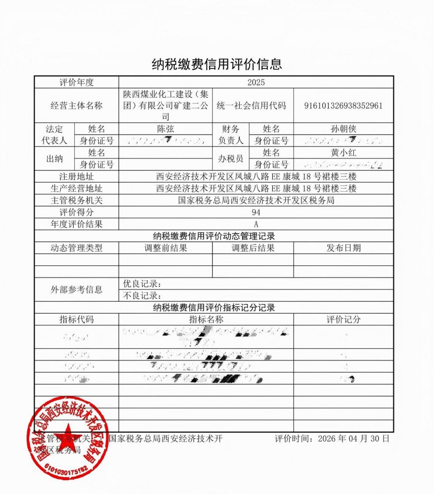 陕煤建设矿建二公司荣获纳税信用A级荣誉